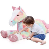 Tezituor 47 Inch Giant Horse Stuffed Animals,Big Rainbow Horse Unicorn Plush Toys, Large Tie-Dye Pink Stuffed Horse Gifts For Kids