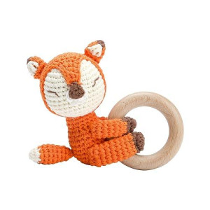 Youuys Wooden Baby Rattle Toys, Easter Rattle For Baby Crochet Fox Rattle Toy Natural Wood, Shaker Rattle For Hand Grips, Boy Girl First Rattle Gift, Newborn Gifts (Fox)