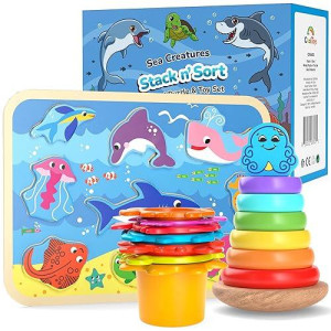 Cooltoys Stack N? Sort Toddler And Baby Learning Toys Set - 3 Fine Motor Skills Educational Toys For Toddlers, Wooden Stacking Rings, Stacking & Nesting Cups, Wooden Baby Puzzle, Ocean Theme