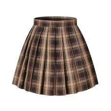 Girls`S Short Pleated Plaid Costumes Skirt(Dark Brown Mixed White,X-Small)