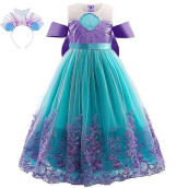 Purfeel Girls Mermaid Party Dress Embroidered Princess Dress With Headband 8-9Years