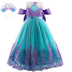 Purfeel Girls Mermaid Party Dress Embroidered Princess Dress With Headband 7-8Years