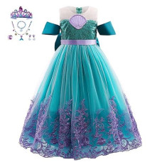 Purfeel Girls Sequins Mermaid Princess Dress Kids Mermaid Costume Dress Up With All Accessories Green 5-6Years