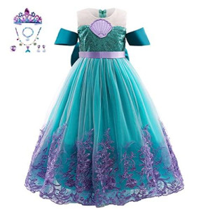 Purfeel Girls Sequins Mermaid Princess Dress Kids Mermaid Costume Dress Up With All Accessories Green 5-6Years