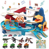 Cute Stone Race Track Playset With 4 Mini Cars, 4 Dino Pull Back Cars, Dinosaur Figures, Educational Toy Vehicle Playset For 3-5 Year Old Kids