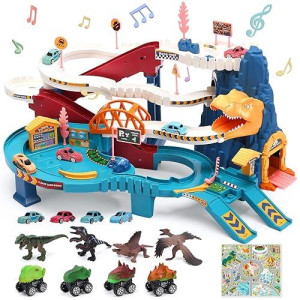 Cute Stone Race Track Playset With 4 Mini Cars, 4 Dino Pull Back Cars, Dinosaur Figures, Educational Toy Vehicle Playset For 3-5 Year Old Kids
