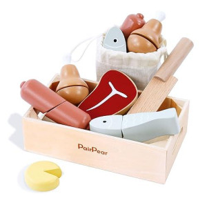 Pairpear Wooden Play Food Cutting Meat Set - Wooden Toys For Toddlers Toy Food Play Kitchen Accessories