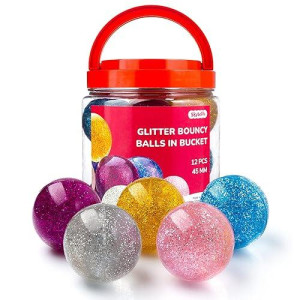 Entervending Bouncy Balls - Party Favors - 45Mm Bouncing Balls - Glitter Bounce Balls In Bucket - 12 Pcs Large Bouncy Balls - Hi Bounce Balls - Rubber Balls - Gifts For Kids