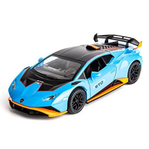 Wakakac Model Car 1/24 Scale Compatible For Lambo Huracan Sto Die-Cast Toy Vehicle Pull Back With Light And Sound Toy Car Door Can Be Open (Blue)