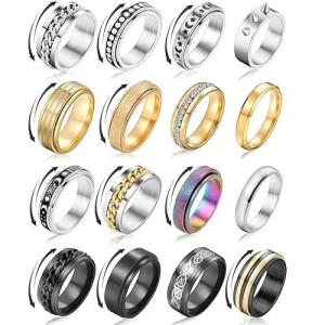 17 Mile Stainless Steel Fidget Rings For Anxiety For Men, 16 Pcs Weddings Promise Band With Cool Partially Spinner Rings Set, Anxiety Ring For Women Size 6-11 (5.5-5.75)