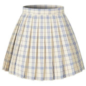 GirlsS Short Pleated Plaid Costumes Skirt(Beige Dark Brown Mixed Blue,X-Small)