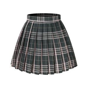 Girls`S Short Pleated Plaid Costumes Skirt(Black Mixed Pink,Large)