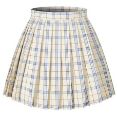 Girls`S Short Pleated Plaid Costumes Skirt(Beige Dark Brown Mixed Blue,Small)