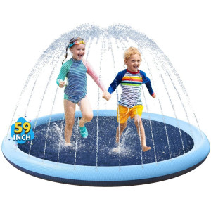 Vistop Non-Slip Splash Pad For Kids And Dog, Thicken Sprinkler Pool Summer Outdoor Water Toys - Fun Backyard Fountain Play Mat For Baby Girls Boys Children Or Pet Dog (59 Inch, Blue&Blue)