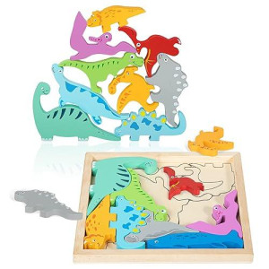 Wooden Dinosaur Puzzles For Toddlers 2-4, Stacking Dinosaur Blocks Toys For Kids 3-5, Toddler Montessori Toys For 2 3 4 Year Old Boy Girl Birthday Gifts