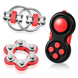 3 Pieces Handheld Mini Sensory Fidget Toy Set Includes Six Roller Chain And Key Flippy Chain Bike Chain Fidget Handheld Fidget Pad Stress Relief Toys For Adults Teens Relieve Stress(Black And Red)