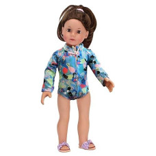 Sophia'S 18" Doll Clothing Set, Long-Sleeved Doll Swimsuit Rash Guard With Colorful Collage Print, Collar, & Zipper, Doll Clothes For 18" Dolls, Blue/Green