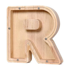 Cduhb Large Personalized Wooden Letter Piggy Bank Alphabet Letter Decorative Sign Coin Bank Perfect Decor,Unique Gift, Keepsake, Or Savings Money Box For Kids With Sticker For Diy (R)