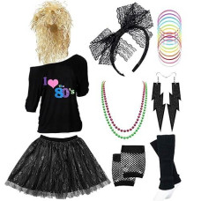 Z-Shop 80S Costumes Outfit Accessories For Women - 1980S Shirts Clothes,Leg Warmers,Rocker Wigs,Madonna Tutu For Halloween Party,Zm-Bk-Xxl
