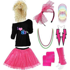 Z-Shop 80S Costumes Outfit Accessories For Women - 1980S Shirts Clothes,Leg Warmers,Rocker Wigs,Madonna Tutu For Halloween Party,Zm-Pk-L