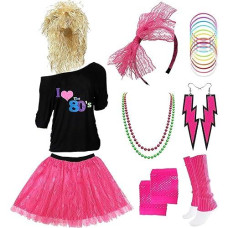 Z-Shop 80S Costumes Outfit Accessories For Women - 1980S Shirts Clothes,Leg Warmers,Rocker Wigs,Madonna Tutu For Halloween Party,Zm-Pk-Xl