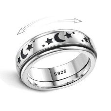 Milacolato 925 Sterling Silver Anxiety Ring For Women Men Platinum Plated Sterling Silver Band Fidget Ring Star Moon Spinner Ring Stress Anxiety Relief Item, Size 7