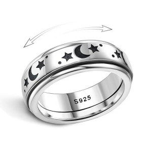 Milacolato 925 Sterling Silver Anxiety Ring For Women Men Platinum Plated Sterling Silver Band Fidget Ring Star Moon Spinner Ring Stress Anxiety Relief Item, Size 7