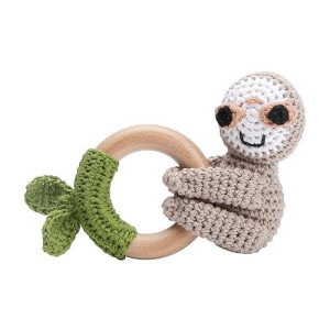 Wooden Baby Rattle For Lovely Crochet Sloth Ring Rattle, Newborn Animal Rattle Toys, Baby Toys For Baby And Infant, Green Sloth