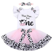 Cow Themed First Birthday Girl Outfit Moo Moo I�M One Romper Tutu Skirt Headband Cake Smash Photoshoot Toddler Baby Cows Print 1St Birthday Outfit Farm Animals Party Supplies Halloween Costume Pink 1T