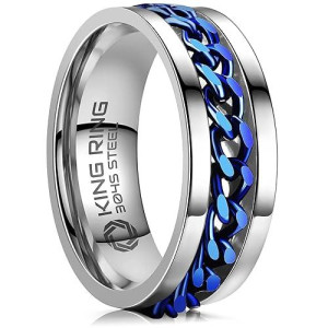 King Ring 8Mm Spinner Ring - Fine Polished Flat Fidget Ring For Men & Women With Cuban Chain, Stainless Steel Ring - Silver Blue 9