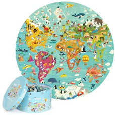 Boppi World Map Round Jigsaw Puzzle With 100% Recycled Card 150 Pieces With Animals For Children 5 6 7 8 Years 58Cm Diameter