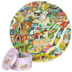 Boppi City Life Round Jigsaw Puzzle With 100% Recycled Card Animals Vehicles Buildings And People 150 Pieces For Children 5 6 7 8 Years 58Cm Diameter
