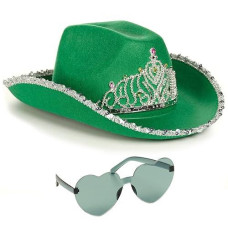 Funcredible Green Tiara Cowboy Hat And Glasses - Sparkly Cowboy Hat For Women - Preppy Cowgirl Hat With Crown - Cowgirl Costume Accessories