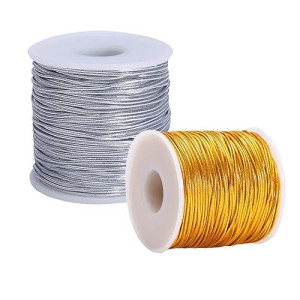2 Rolls Metallic Stretch Cord Elastic Cords Ribbon Metallic Tinsel Cord Rope For Ornament Hanging, Decorating, Gift Wrapping, 1 Mm 120 Yards(Gold And Silver)