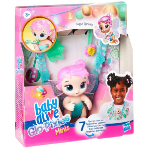 Baby Alive Glo Pixies Minis Carry ?N Care Necklace, Sugar Sprinkle, 3.75-Inch Pixie Doll Toy With Doll Carrier And Nurturing Charm Necklace