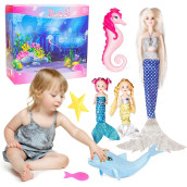 Mermaid Princess Doll Playset, Mermaid Family Dress Doll 12 With 2 Little Mermaid Dolls 3 And Sparkle Dolphin And Seahorse And Mermaid Toys Fairy Tale Gift Set For Little Girls Age 3 4 5 6 7