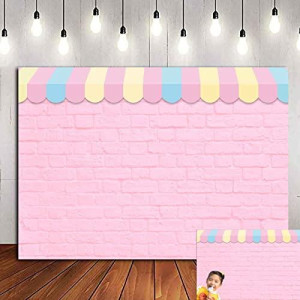 Hqm Pink Brick Wall Ice Cream Parlor Photography Background 7X5Ft Fabric Princess Girl Kids Baby Girl Birthday Party Backdrops Dessert Cake Table Decor Props Supplies, 7X5Ft(210X150Cm)