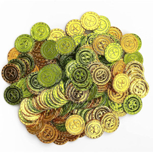 100Pcs St. Patrick'S Day 4 Leaf Clover Coins, Plastic Green And Gold Lucky Coins For Party Supplies St. Patrick'S Day Decorations, Treasure Hunt Game And Party Favors.