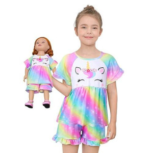 Girl & Doll Matching Pajamas Unicorn Outfit Clothes For Girls And 18" Dolls Pajama Sets (Doll Not Included), Rainbow, 9-10 Years