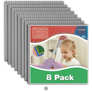 Unirolic 8 Pack Classic Baseplates 10 X 10 Sturdiness Building Platforms -100% Compatible With All Major Brands Building Bricks, Suitable For Kids And Adults As A Gift -Grey