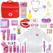 Medical Kit For Kids - 35 Pieces Doctor Pretend Play Equipment, Dentist Kit For Kids, Doctor Play Set With Gift Case (Pink-Purple)