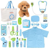 Meland Toy Doctor Kit For Kids - Pretend Play Doctor Set With Dog Toy, Carrying Bag, Stethoscope Toy & Dress Up Costume - Doctor Play Gift For Kids Toddlers Ages 3 4 5 6 Year Old For Role Play