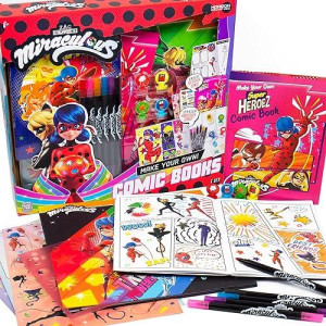 Miraculous Make Your Own Comic Book, Create 2 Comic Books Ladybug, Cat Noir, Tikki & More, Diy Comic Book Kit, Great Travel Toy, Road Trip Activity, Creative Toys For Kids Ages 6, 7, 8, 9, 10