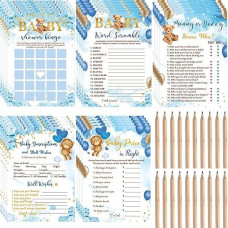 125 Pcs Bear Baby Shower Games For Boy Girl 5 Game Activities Bear Cards With 20 Pencils Includes Baby Bingo Guess Who Baby Price Is Right Description Word Scramble Game(Blue)