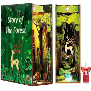 Book Nook Forest Kit Diy 3D Wooden Puzzles Dollhouse Bookshelf Insert Diorama Decor Alley Personalized Assembled Bookends Build-Creativity Kit With Sensor Lights Gifts For Teens And Adults