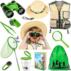 Innocheer Kids Explorer Kit & Bug Catcher Kit & Safari Costume Kit, Outdoor Exploration Set With Hat, Vest, Butterfly Net And Bugs Book For Boys Girls 3-12 Years Old (Camouflage Green)