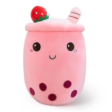 Ditucu Cute Boba Tea Plush Stuffed Bubble Tea Plushie Cartoon Soft Strawberry Milk Tea Cup Pillow Home Hugging Gift For Kids Pink 13.7 Inch