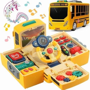 Hongtuo School Bus Toy With Sound And Light, Simulation Steering Wheel Gear Toy, Toddlers School Bus Toys With Music Education Knowledge Simulation Driving Bus Toys, Gift For 1-3-5 Boys & Girls