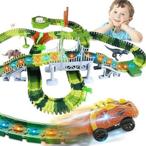 Dinosaur Race Track Toy For Boys Girls Race Car Track For Kids Age 3-6 Dino Toys With 192 Flexible Track, 2 Led Dinosaur Racing Cars, Toddler Birthday Gift (2022Ver.)