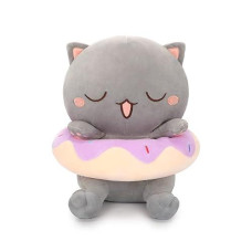 Aixini 10Inch Cute Cat Plush With Donut Stuffed Squishy Animal, Super Soft Kawaii Kitten Plushies For Kids (Grey,B)